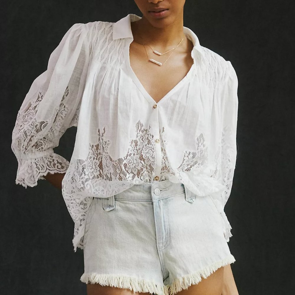 By Anthropologie Victorian Sheer-Lace Blouse
